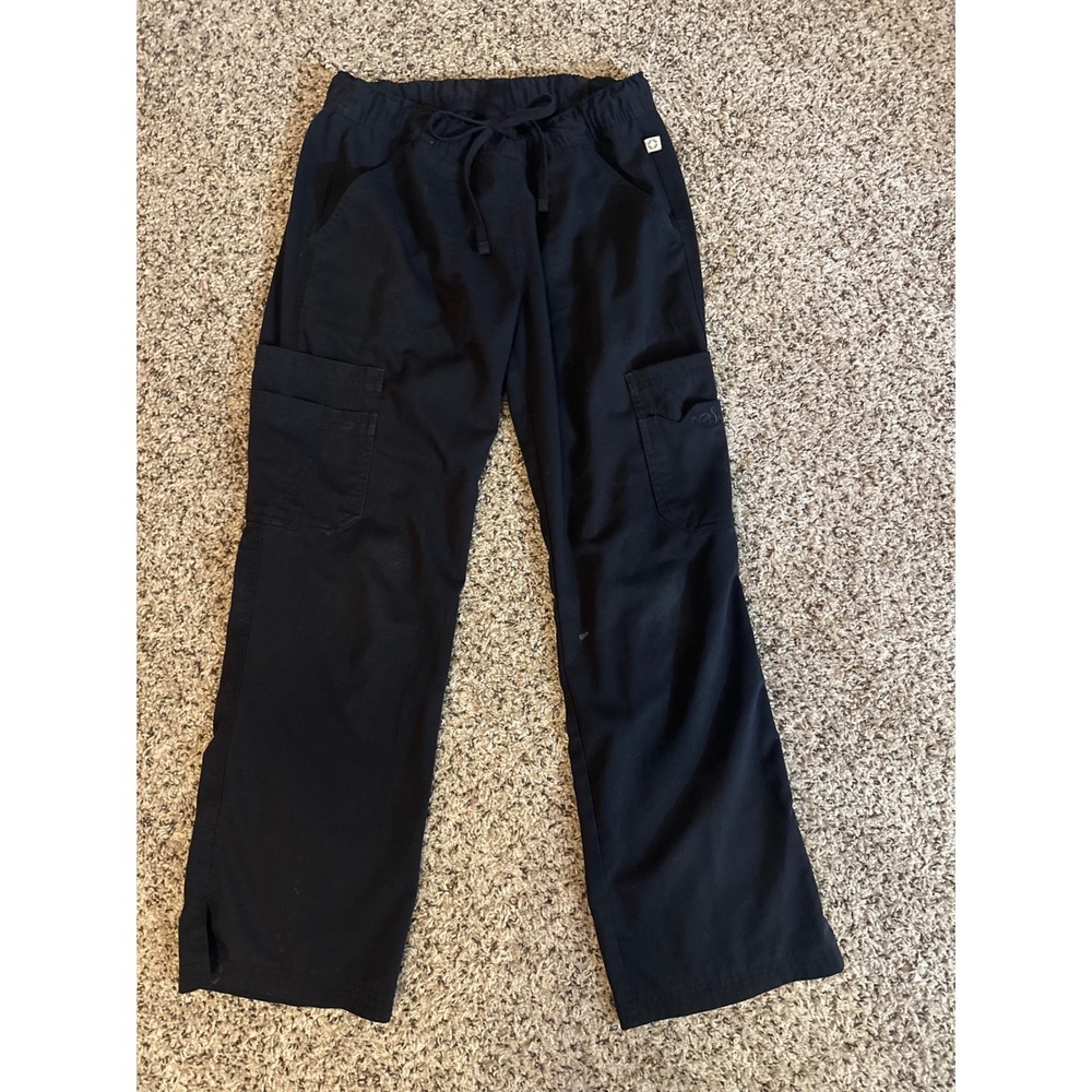 Womens Petite Black Scrub Pants Drawstring Waist Cargo Pockets Slit Hem XS‎